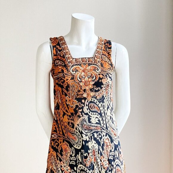Vintage Bias Cut Paisley  Print Midi Dress w Beaded Detail S - Picture 3 of 10